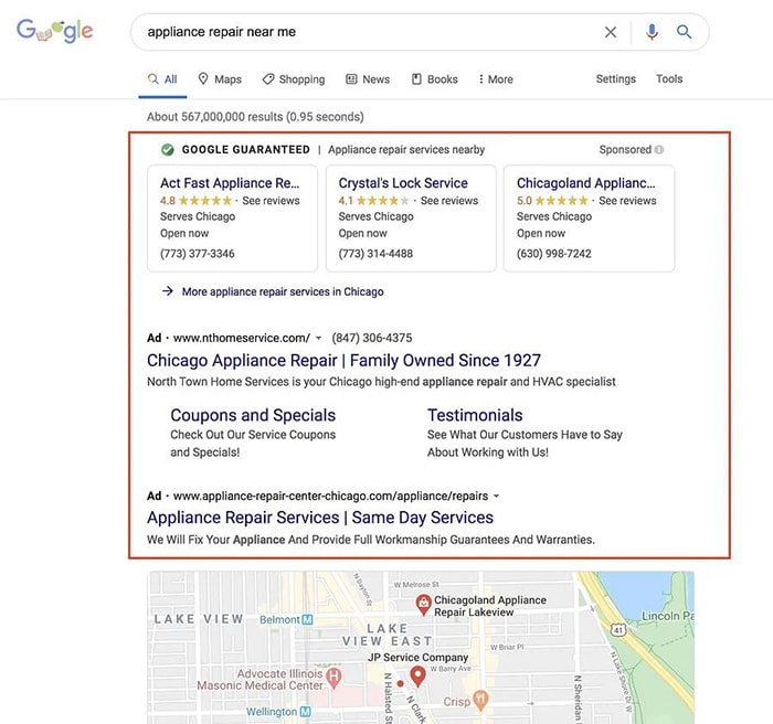 Paid Search Advertising example on Google