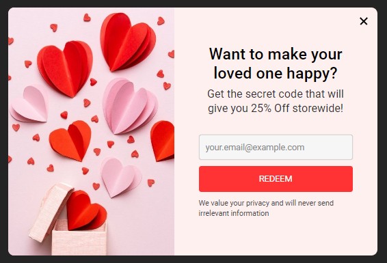 نمونه‌ای از تبلیغات پاپ‌آپ به مناسبت روز ولنتاین